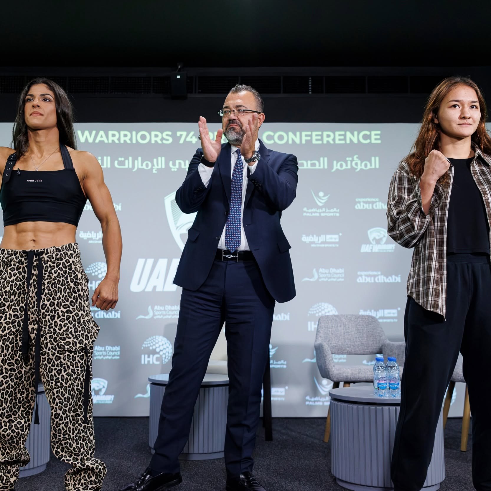 Michele Oliveira and Farida Abdueva at the UAE Warriors 74 press conference in Abu Dhabi