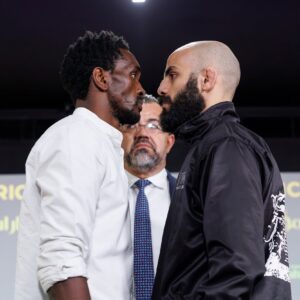 Sylvester Chipfumbu and Abdelrahman Essam face off at the UAE Warriors 74 press conference