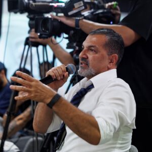 Journalist asks a question at the UAE Warriors 74 press conference